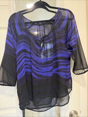 Express Black and Royal Blue Striped Tie-Neck Blouse